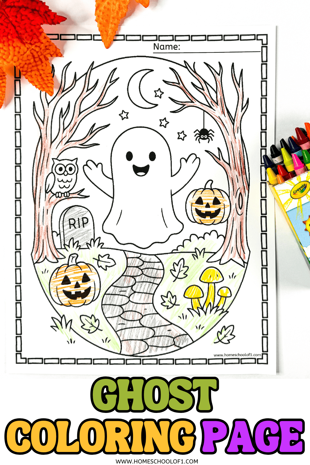Friendly ghost coloring page with pumpkins, owl, spider, trees, and moon. Halloween printable activity for early learners using crayons.