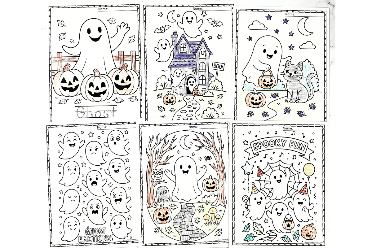 Set of six colored ghost coloring pages for kids showing friendly ghosts, pumpkins, haunted house, cat, and spooky fun banner.