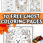 Six ghost coloring sheets arranged together with crayons, showing ghosts, pumpkins, haunted houses, and Halloween scenes.