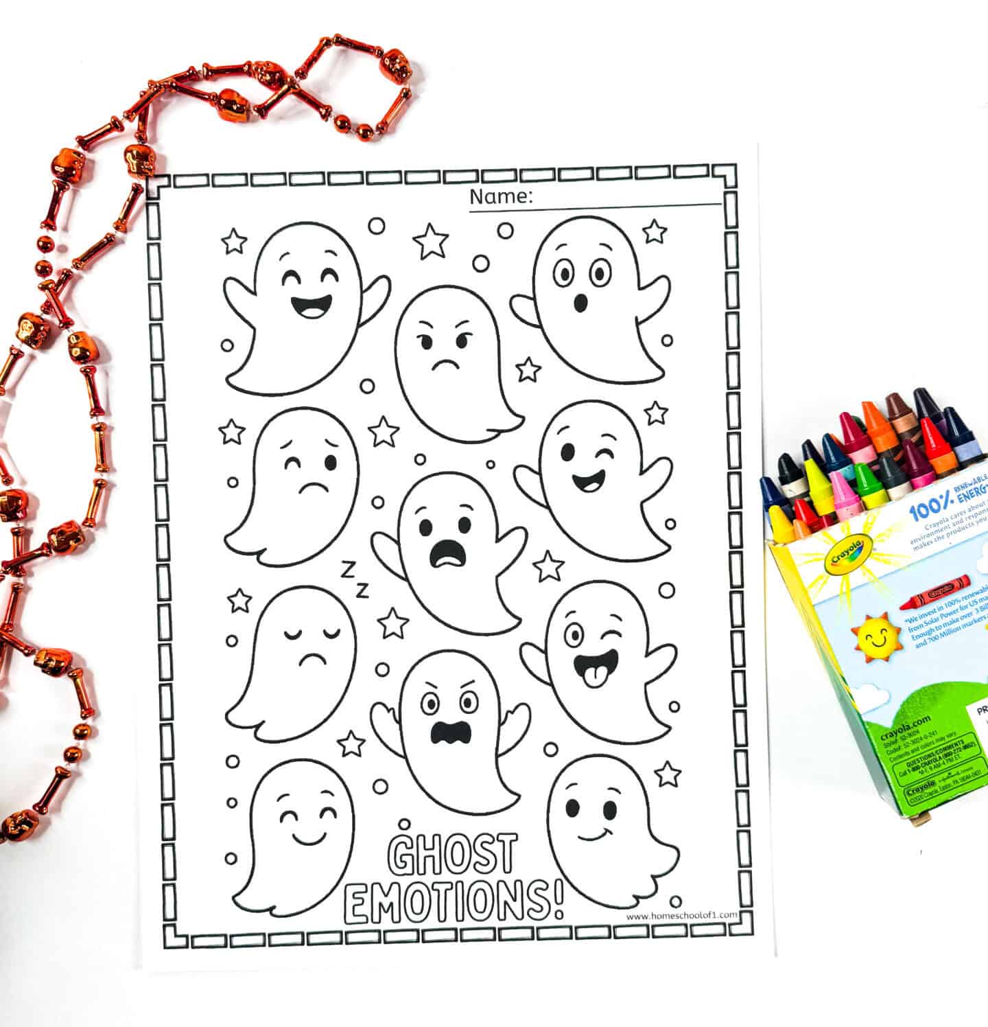 Ghost emotions coloring page with twelve cute ghosts showing happy, sad, scared, and silly faces.