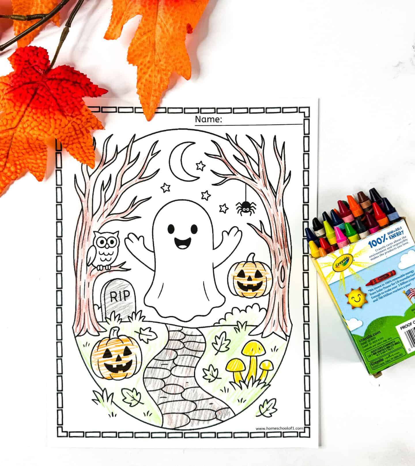 Smiling ghost in a spooky forest with pumpkins, mushrooms, owl, and moon. Halloween coloring page for young kids.