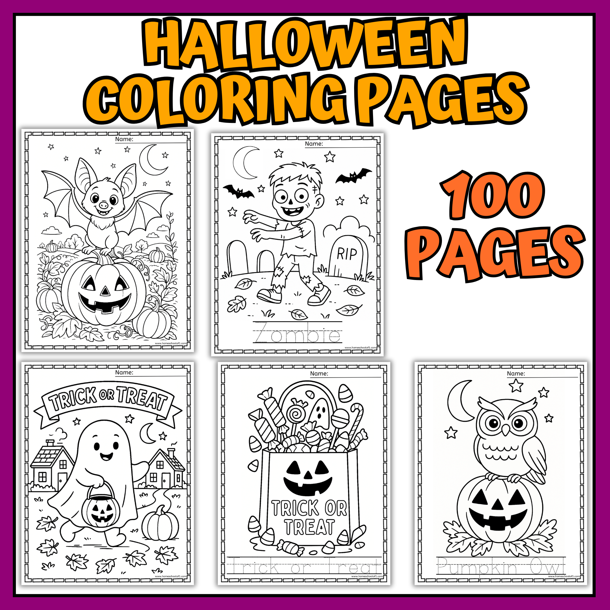 Preview of 100 Halloween coloring pages featuring a bat, zombie, ghost, candy bag, and owl on pumpkins.