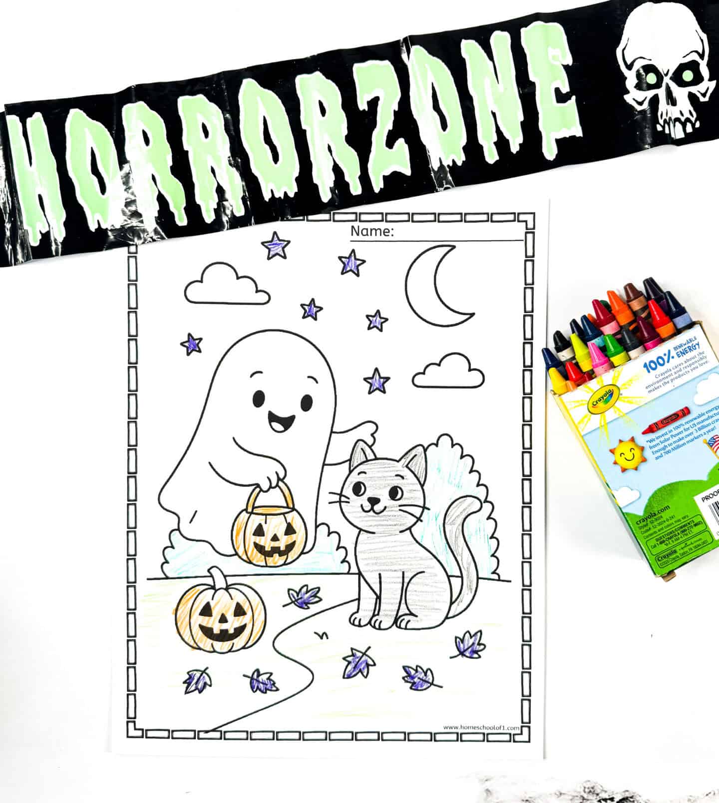 Ghost with a black cat and jack-o’-lanterns under the moon. Easy Halloween ghost coloring page for kids.