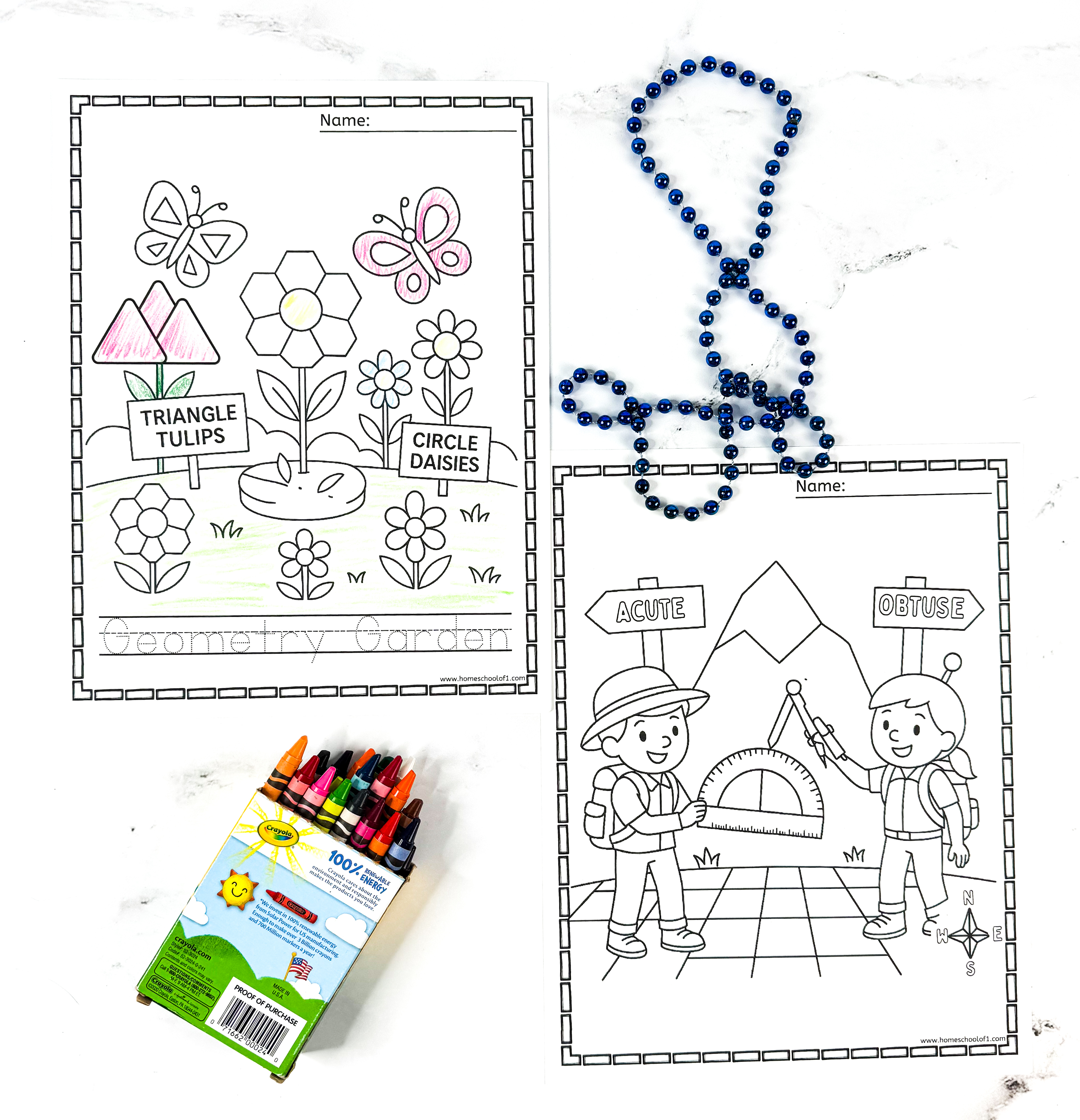 Printable geometry coloring pages for kids, featuring Geometry Garden with shapes like triangles and circles, and Angle Explorer Adventure with children identifying acute and obtuse angles using protractors.