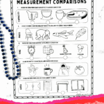 Printable measurement comparison worksheet showing activities for capacity, mass, time, temperature, and area with clear illustrations for kids.