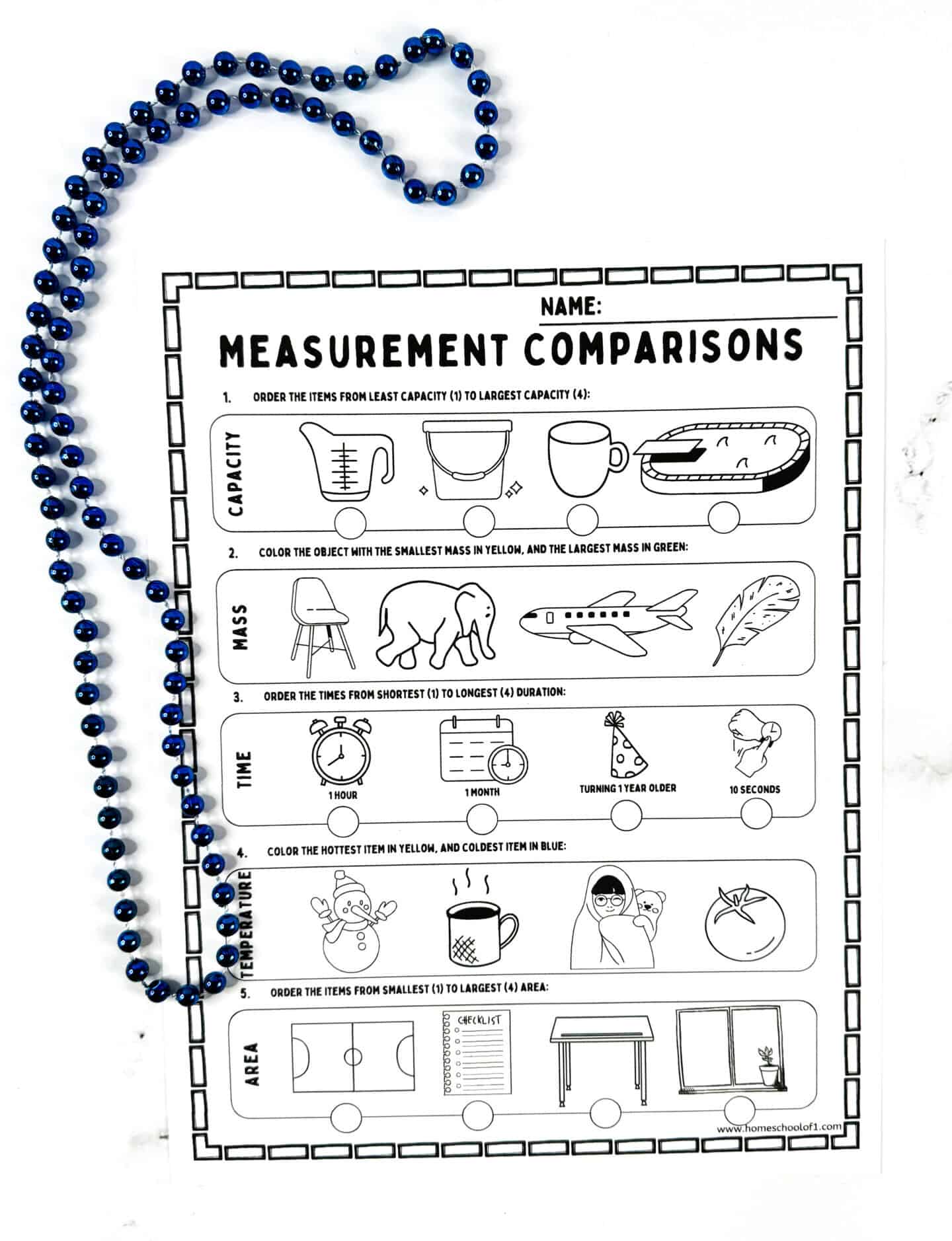 Printable measurement comparisons worksheet for kids showing illustrations of containers, animals, clocks, and objects for comparing capacity, mass, time, temperature, and area with a blue bead border.