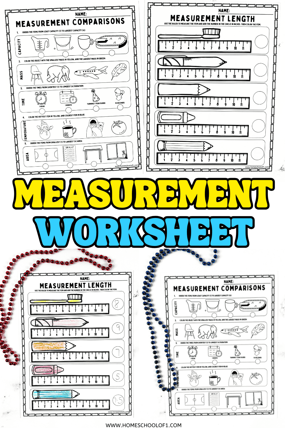 Side-by-side printable measurement worksheets showing capacity, mass, temperature, time, and ruler length activities for young learners.