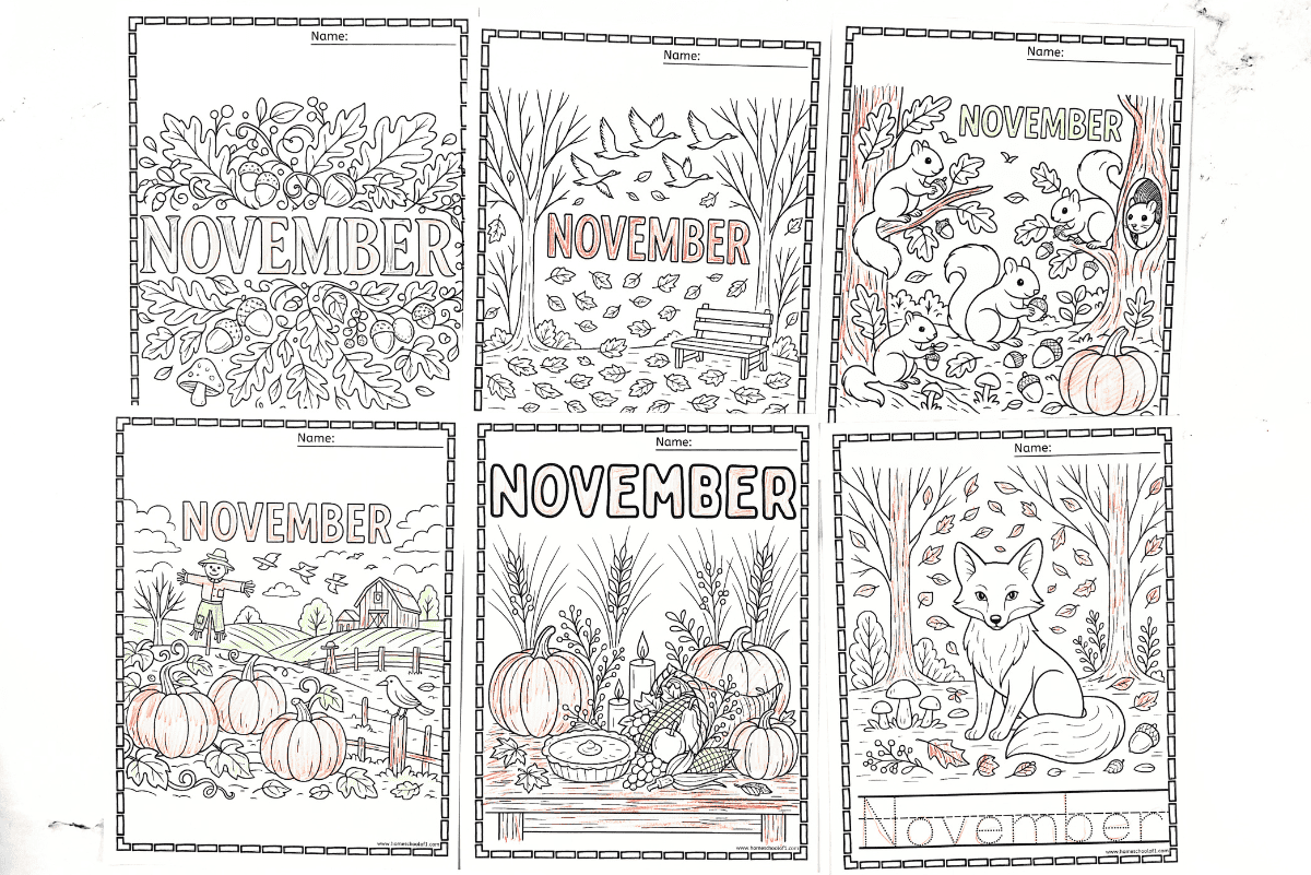 Set of six November coloring pages featuring fall scenes with pumpkins, foxes, squirrels, leaves, and Thanksgiving themes.