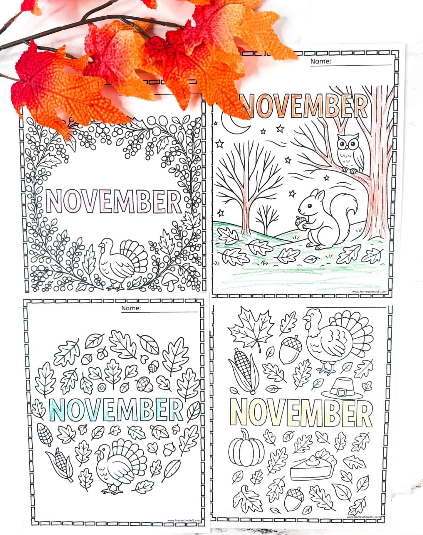 Four November coloring pages featuring turkeys, squirrels, pumpkins, and fall leaves surrounded by orange autumn decorations.