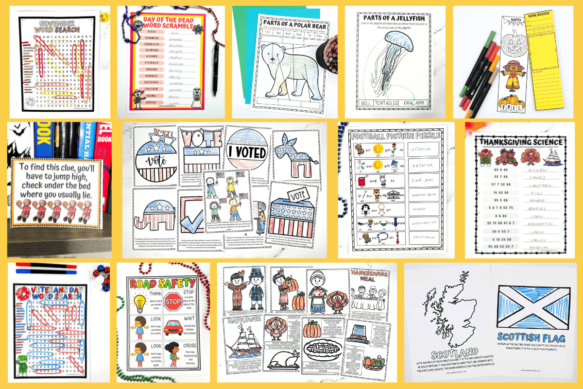 November educational printables collage featuring themed worksheets like Thanksgiving science, Veterans Day, and Election Day coloring pages.