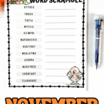 Blank November word scramble worksheet with cornucopia and turkey illustrations, shown with pen and orange fall leaves.