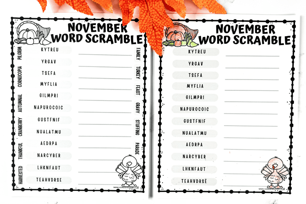 Two printable November word scramble worksheets side by side, one with a word bank and one without, surrounded by fall leaves.