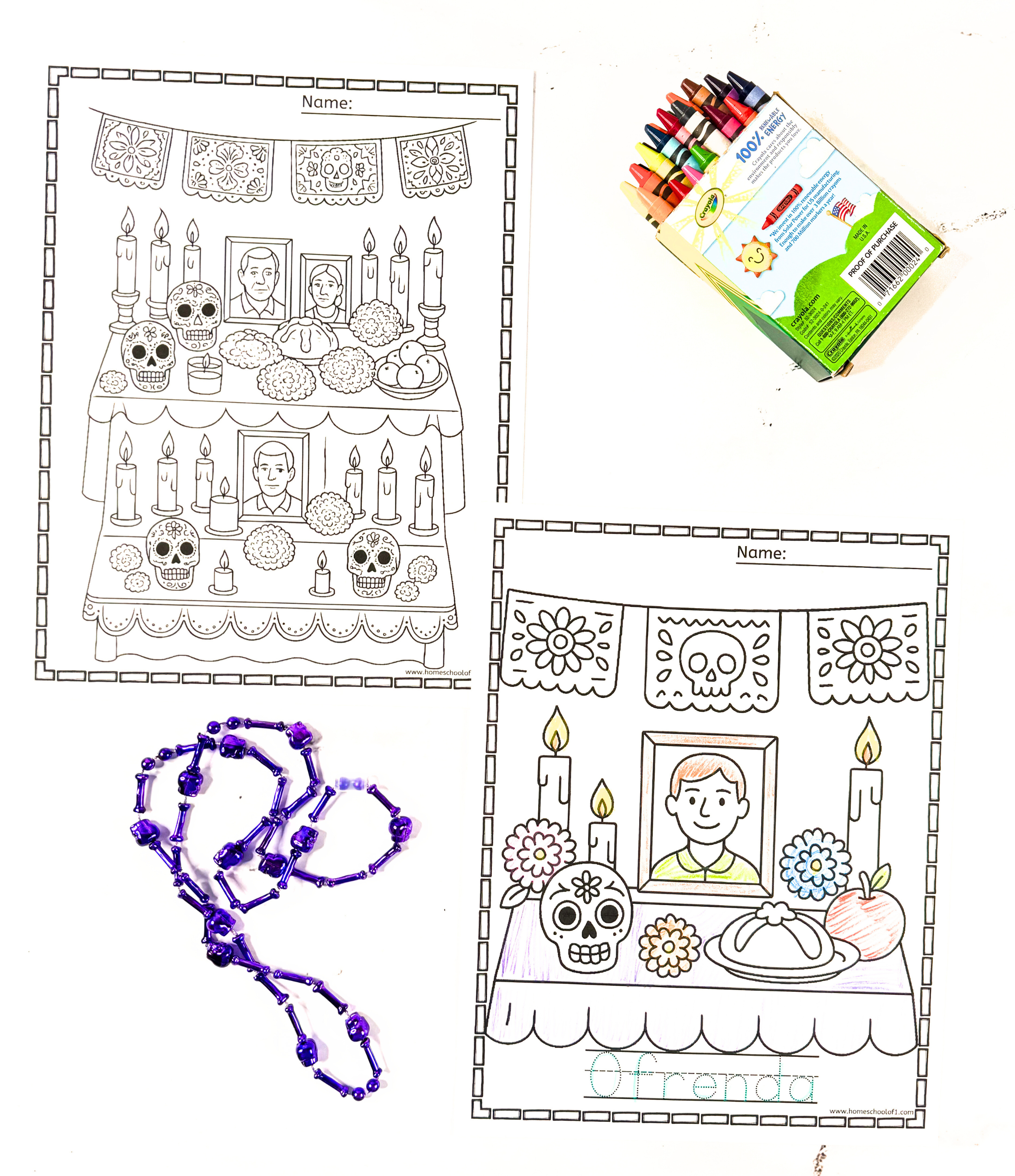 Printable Día de los Muertos ofrenda coloring pages with candles, photos, sugar skulls, and flowers.