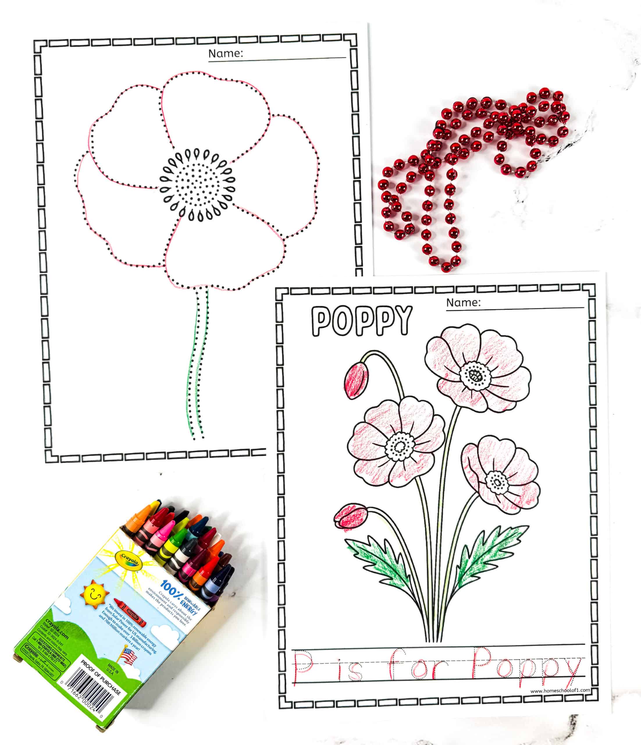“P is for Poppy” tracing and dotted-line coloring pages with red poppy drawings and crayons.