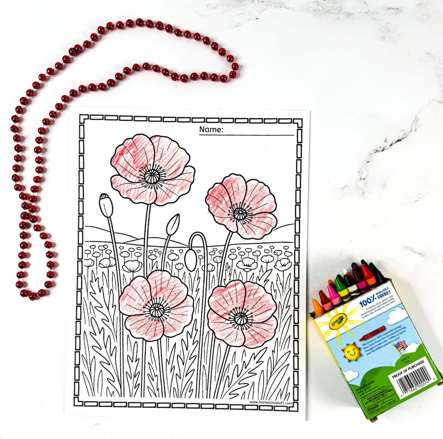 Detailed poppy field coloring page with red poppies, red beads, and crayons.