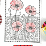 Close-up of a poppy field coloring sheet surrounded by red beads and crayons.