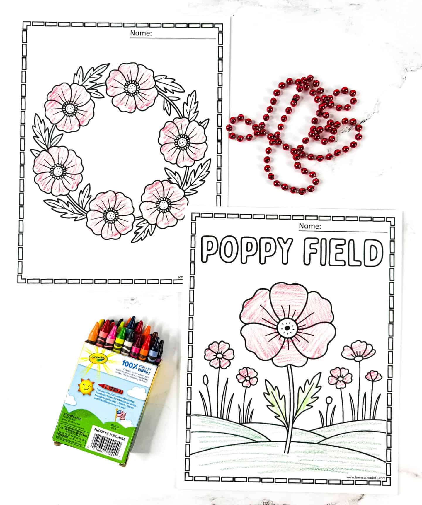 Poppy wreath and poppy field coloring pages for kids with crayons and red beads.