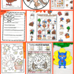 Free printable turkey activities for kids — includes parts of a turkey worksheet, life cycle wheel, bingo game, writing prompt, color by number, and scavenger hunt printables for Thanksgiving learning.