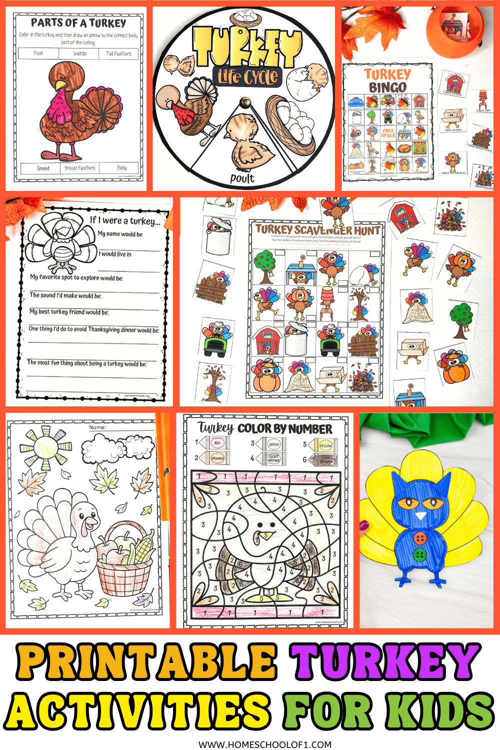 Free printable turkey activities for kids — includes parts of a turkey worksheet, life cycle wheel, bingo game, writing prompt, color by number, and scavenger hunt printables for Thanksgiving learning.