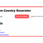 Screenshot of the Random Country Generator displaying Algeria as the selected country, showing continent information and links to Africa worksheets and all-continent worksheets.