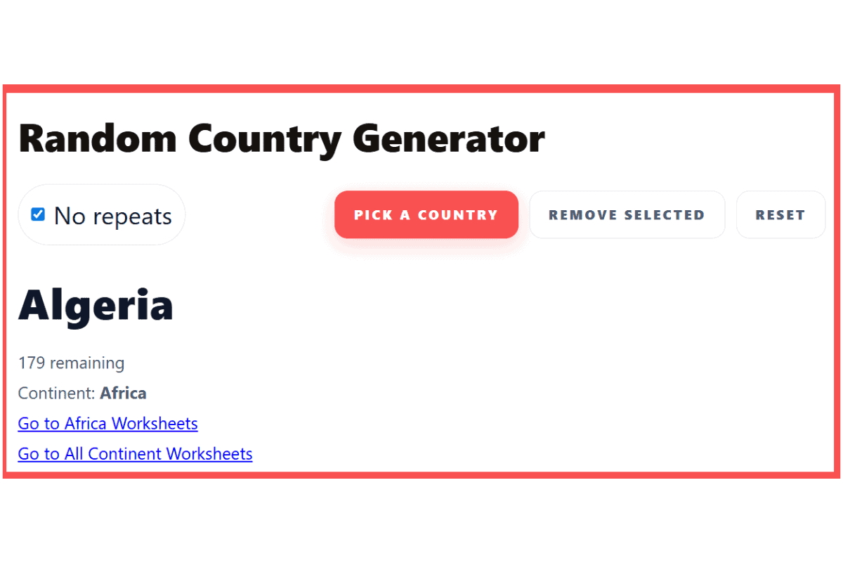 Screenshot of the Random Country Generator displaying Algeria as the selected country, showing continent information and links to Africa worksheets and all-continent worksheets.