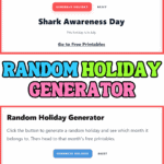 Screenshot of the Random Holiday Generator tool showing the buttons “Generate Holiday” and “Reset,” with “Shark Awareness Day” and “Labor Day” examples displayed.