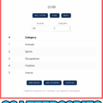 Free Scattergories Generator game interface showing random letter O, two-minute timer, and five categories including animals, sports, occupations, hobbies, and insects.