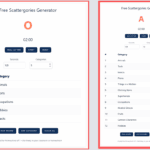 Online Scattergories Generator screens from Homeschool of 1 showing letters O and A, adjustable timer and category count, with sample lists of twelve categories such as animals, plants, tools, and superheroes.