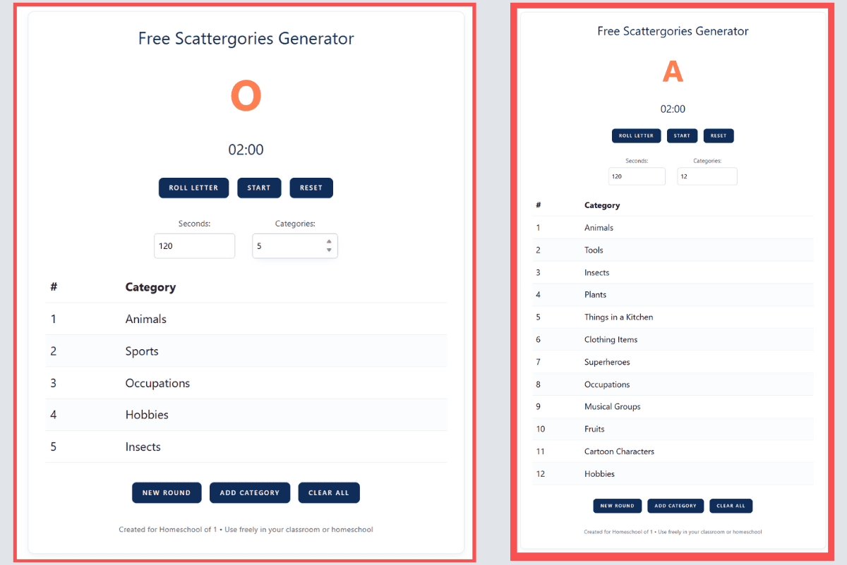 Online Scattergories Generator screens from Homeschool of 1 showing letters O and A, adjustable timer and category count, with sample lists of twelve categories such as animals, plants, tools, and superheroes.