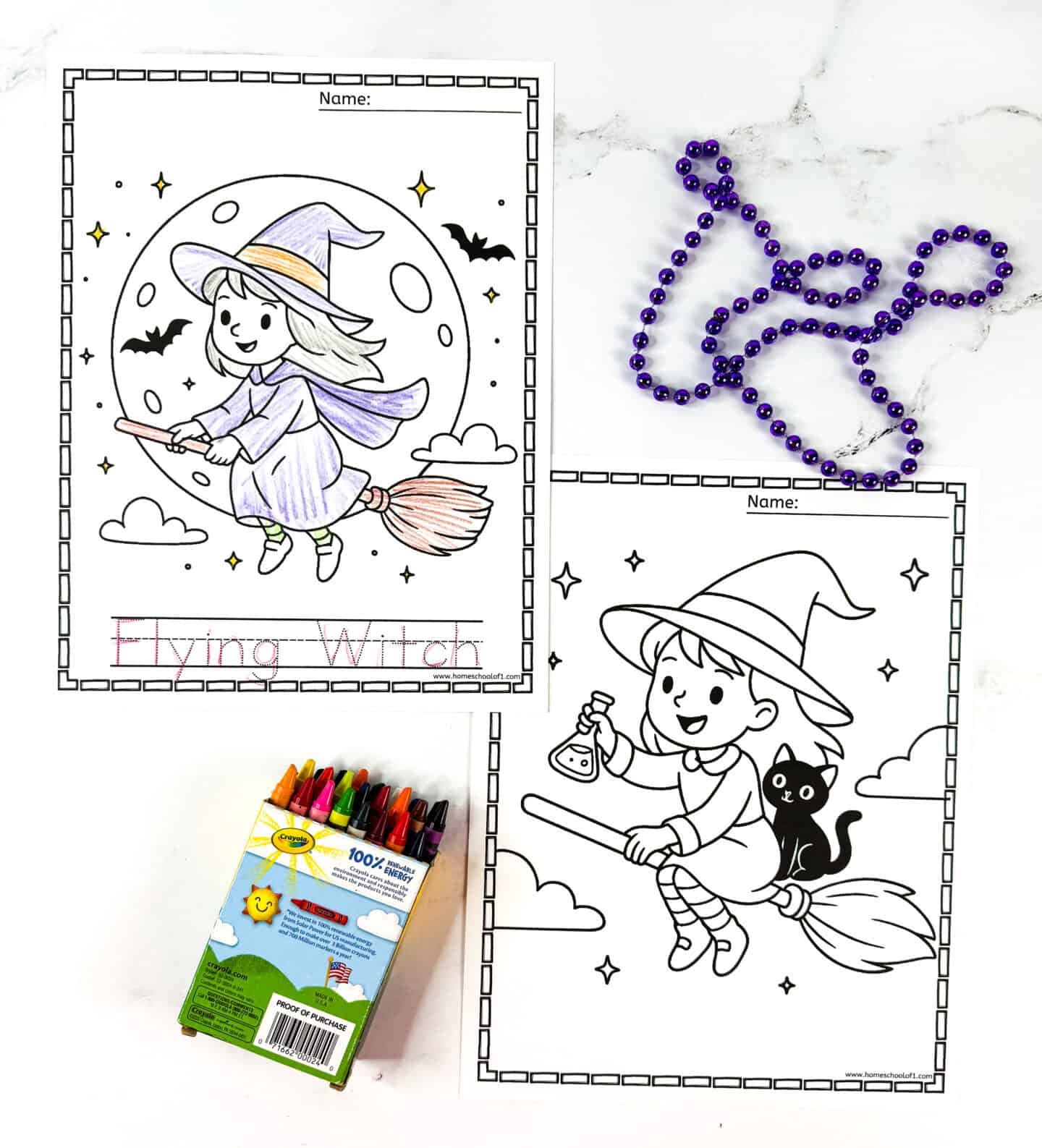 Printable witch coloring pages showing two flying witches on broomsticks — one with a full moon background and one holding a potion with a black cat. Includes crayons and Halloween beads.