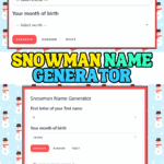 Snowman Name Generator with dropdown menus and example result Kringle Snowflake.