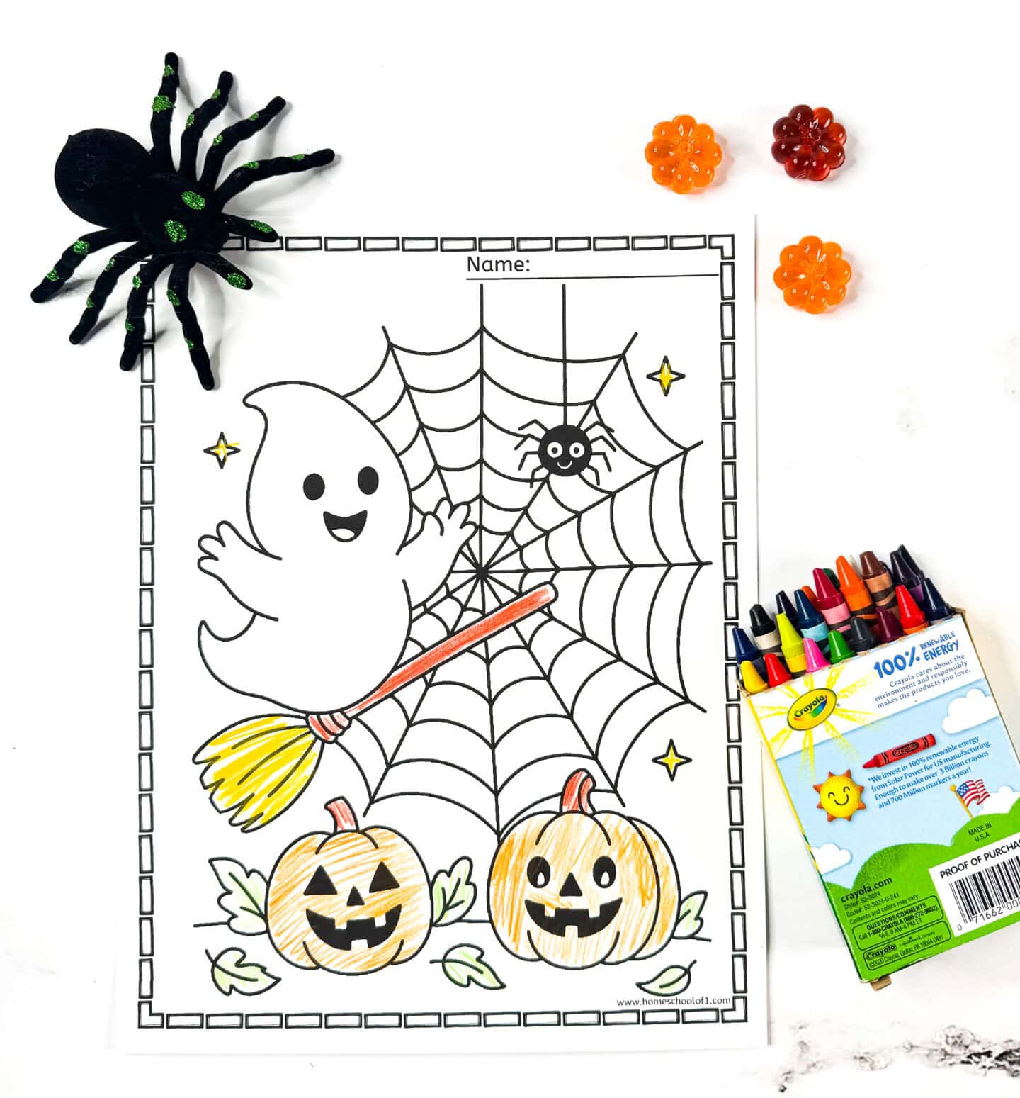 Ghost flying on a broomstick near a spider web and pumpkins. Simple Halloween coloring page for children.