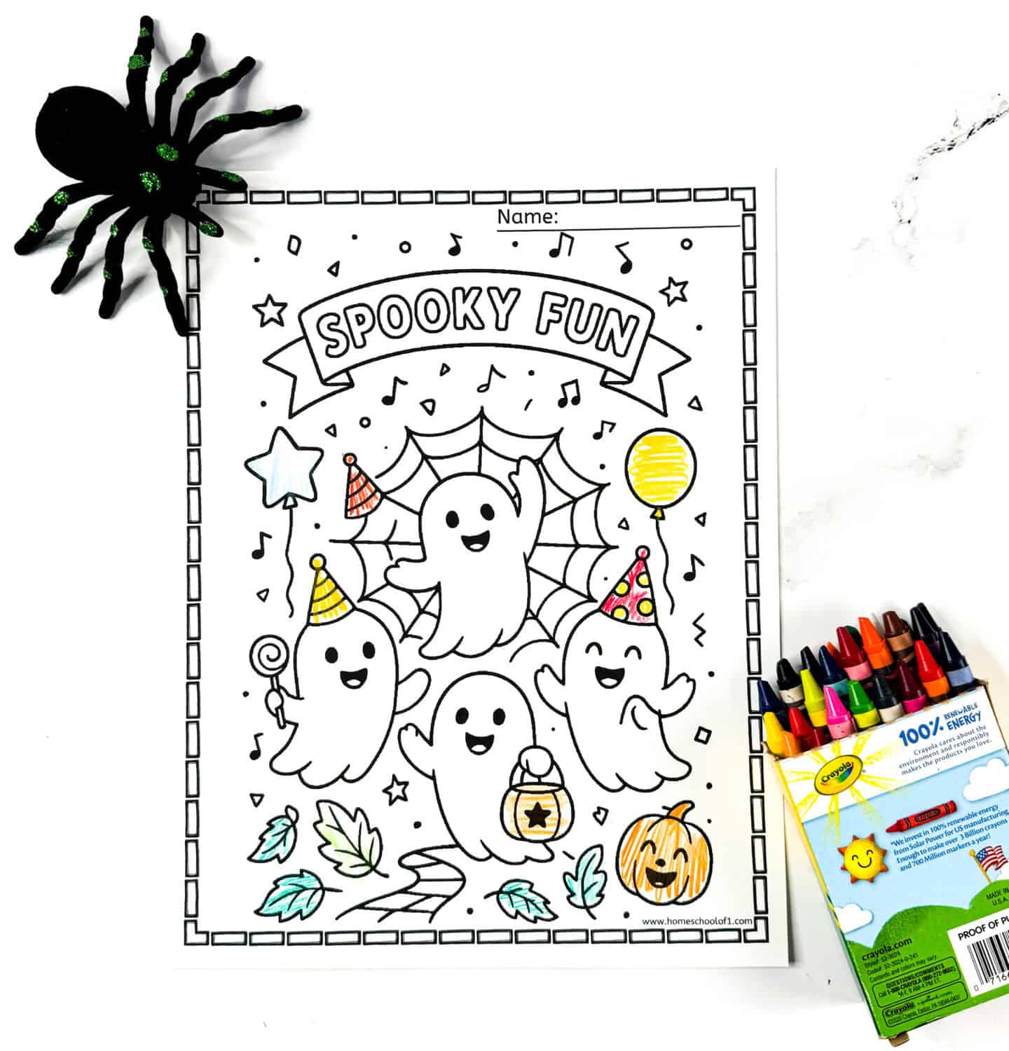 Group of cheerful ghosts under a “Spooky Fun” banner with balloons, stars, and candy.