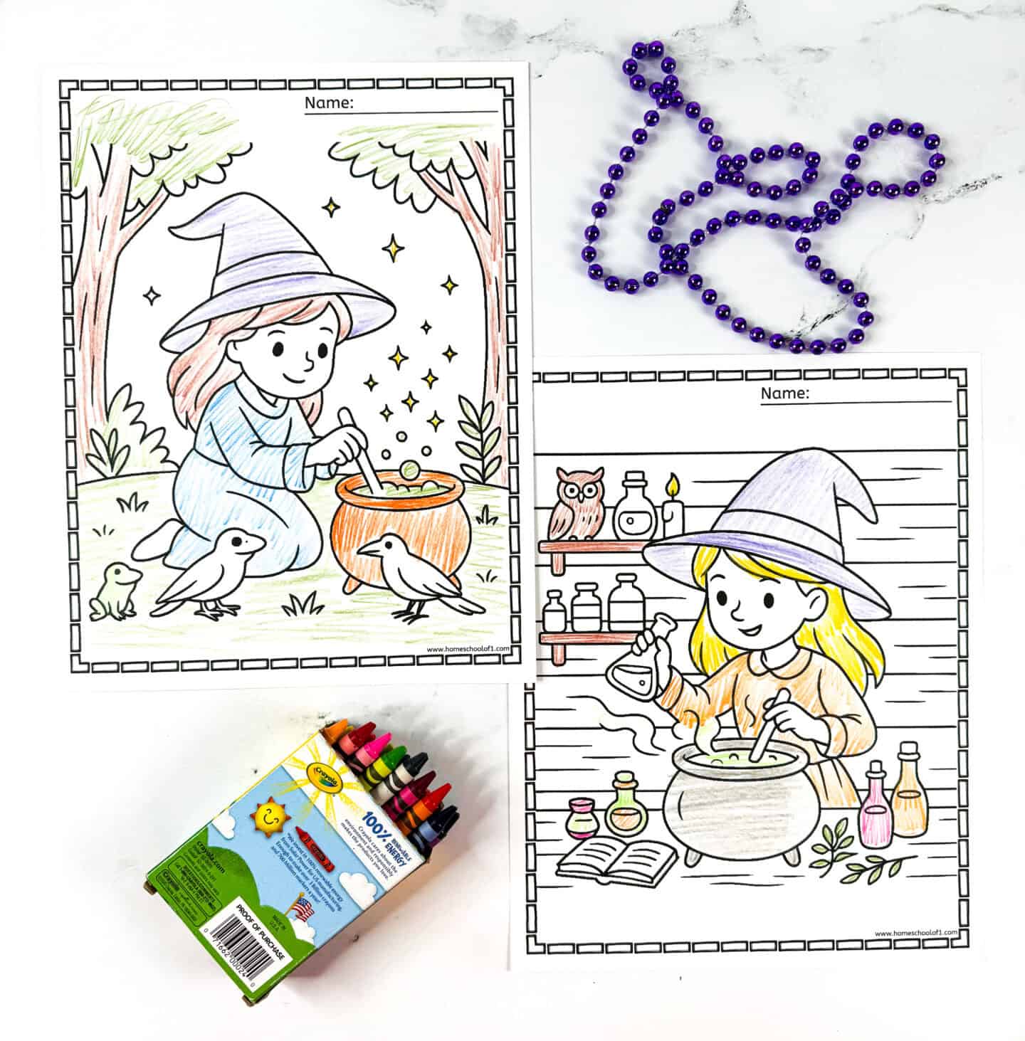 Two cute witch coloring pages for kids — one witch mixes a potion outdoors with birds, and another stirs a cauldron in her potion lab surrounded by bottles and an owl.