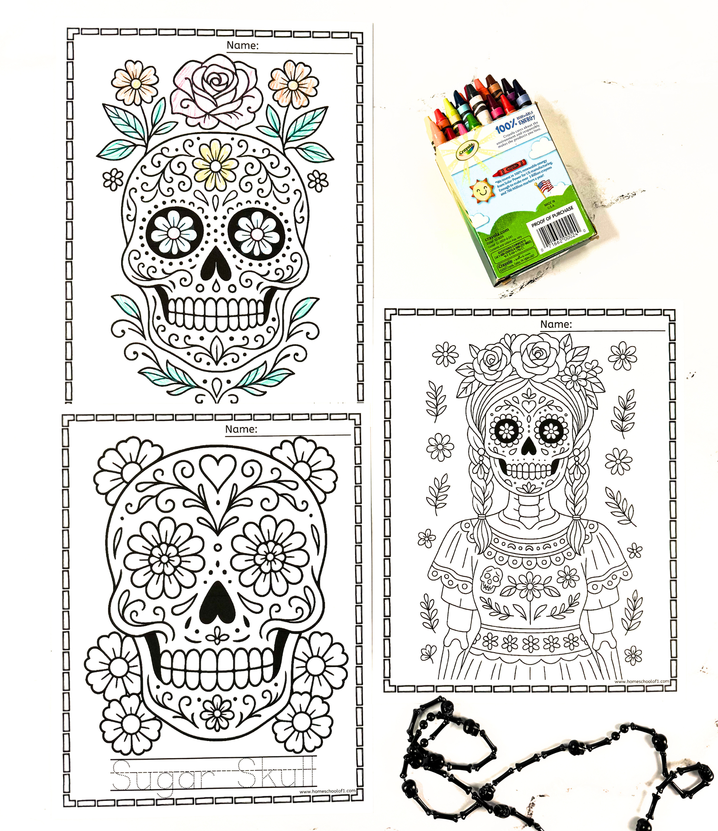 Day of the Dead sugar skull and Catrina coloring pages for kids with floral designs and crayons.