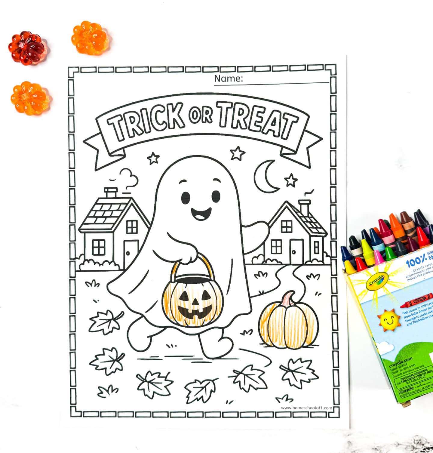 Friendly ghost trick-or-treating with a pumpkin bucket under a “Trick or Treat” banner.
