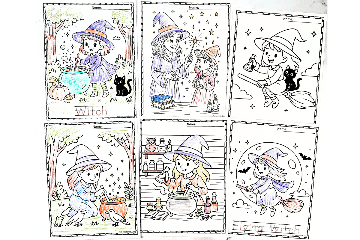 Set of six cute witch coloring pages for kids – friendly witches brewing potions, flying on brooms, and mixing magic in cauldrons.