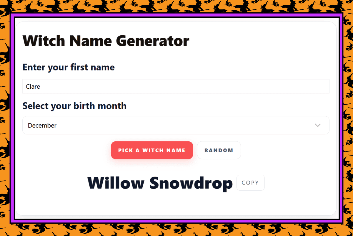 Witch Name Generator tool with Halloween-themed border and input fields to enter a name and birth month.