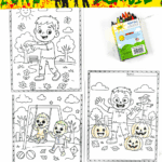 Free printable zombie coloring sheets for kids showing friendly cartoon zombies in outdoor Halloween scenes.