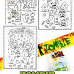 Zombie coloring page printables showing school, party, and trick-or-treat scenes for kids.