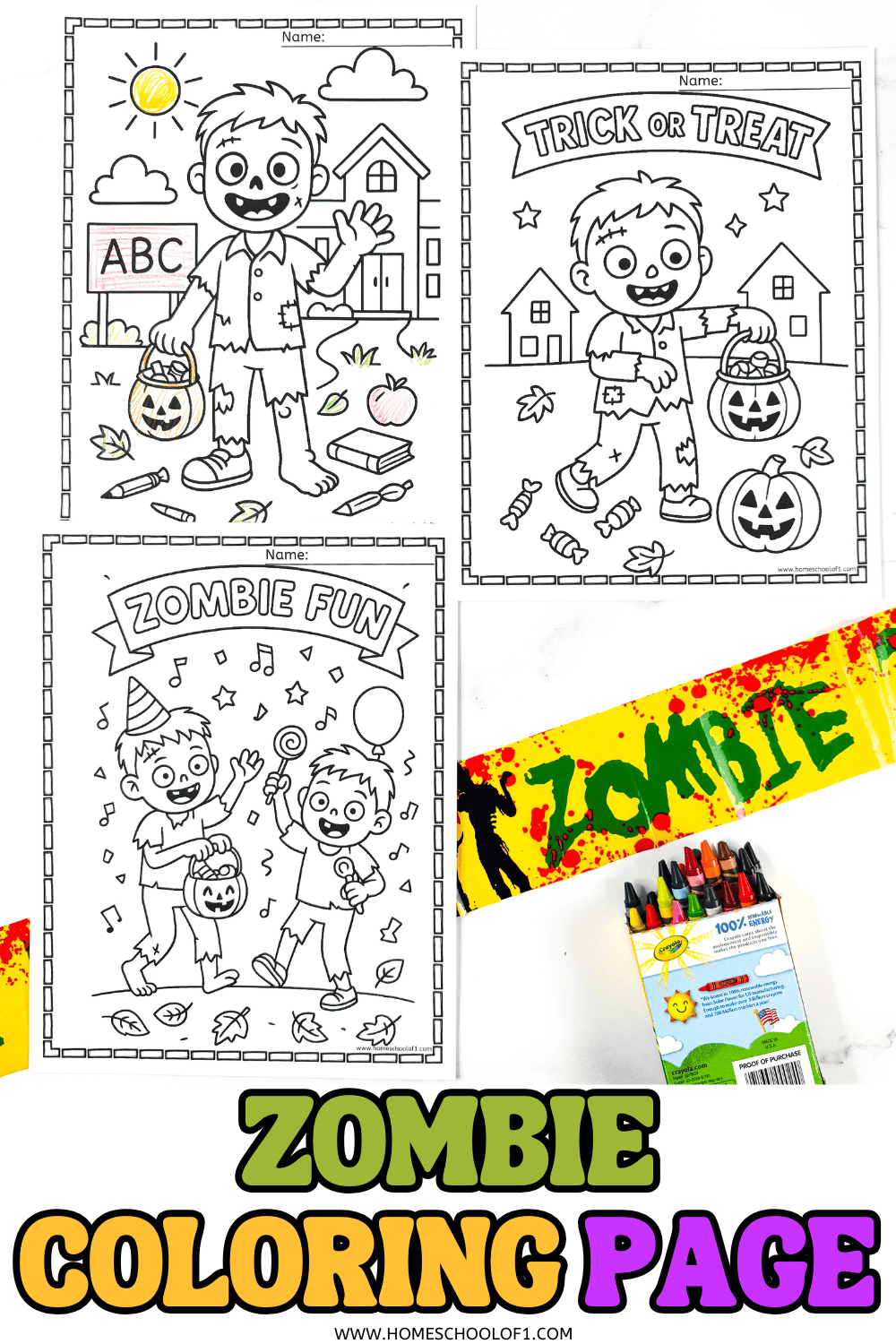 Zombie coloring page printables showing school, party, and trick-or-treat scenes for kids.