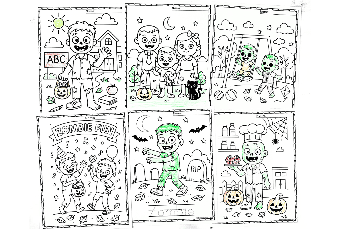 Set of printable zombie coloring pages with friendly cartoon zombies for kids’ Halloween crafts.