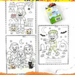 Halloween zombie coloring sheets featuring cute zombie chef, family, and graveyard scenes for kids.
