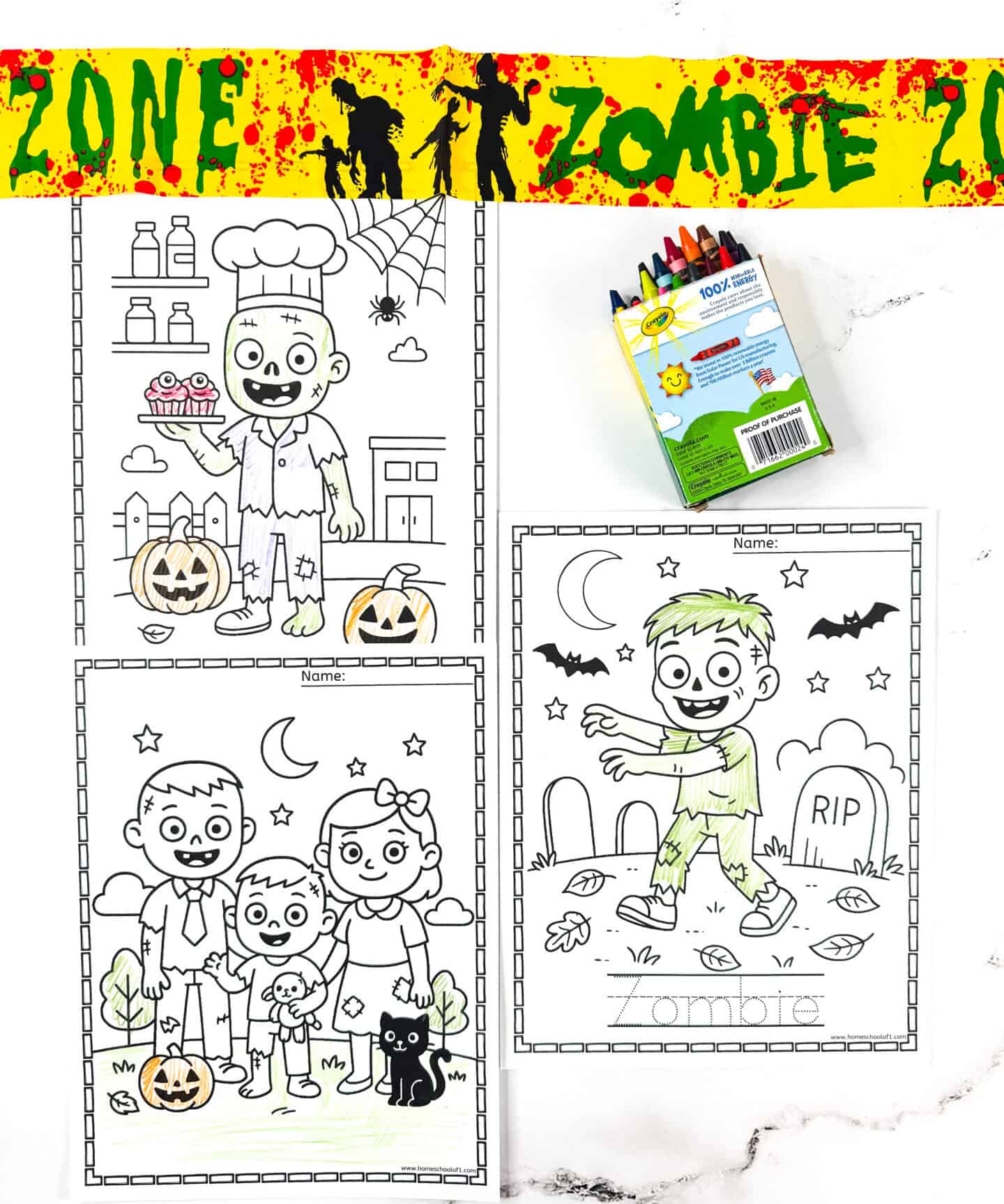 Cute zombie coloring pages featuring a zombie chef baking cupcakes, a smiling zombie family with a black cat, and a child zombie in a graveyard scene.