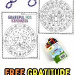 Two black-and-white coloring pages labeled “Grateful for Community” and “Grateful for Kindness,” shown with purple beads and crayons.