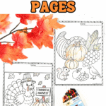 Thanksgiving Day coloring pages showing a turkey with pumpkins and a cornucopia scene with fall produce.