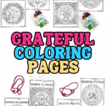 A full set of gratitude coloring pages laid out in two rows, including themes like kindness, pets, food, world, family, and learning.