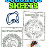 Two printable coloring sheets titled “Grateful for Nature” and “Grateful for the World,” with blue beads and crayons.