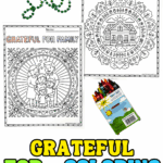 Two coloring pages: “Grateful for Family” and “Grateful for Home,” alongside green beads and a box of crayons.