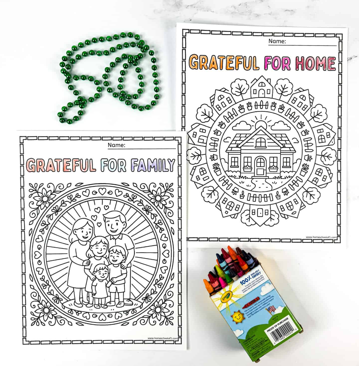 Gratitude-themed coloring page featuring a cozy house and “Grateful for Home” heading, styled with green beads and bright crayons.